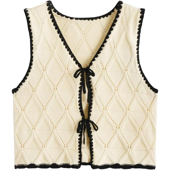 Tops - Women's Knit Sweater Vest Acrylic Small V Neck Contrast Binding Tie Front